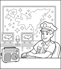 Cute police officer with uniform and sitting in the control room vector outline illustration coloring page for kids 
