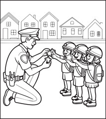 Cute police officer with uniform and enjoying with children vector outline illustration coloring page for kids 