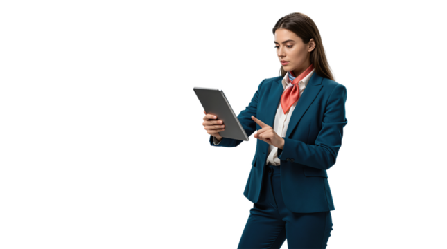 Businesswoman in Blue Suit Using Tablet