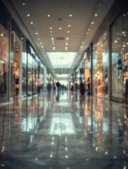 Fototapeta premium Shining polished floor reflects ceiling lights inside a modern shopping mall corridor with glass storefronts creating a bright and spacious atmosphere