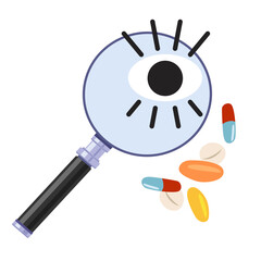 Doctor looking through magnifying glass on pills. Search, research concept. Female character finding with lens, loupe, checking, analysing, studying. Flat vector illustration. 