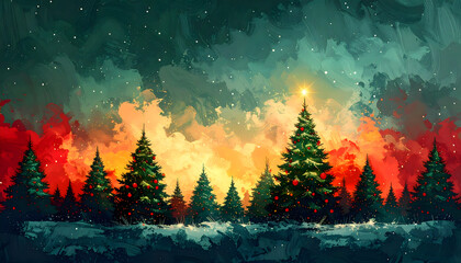 Magical forest with christmas trees and glowing lights christmas card style watercolor abstract artistic winter wonderland