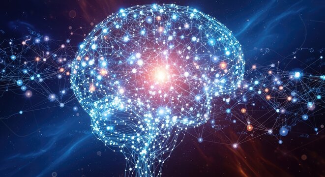 Artificial intelligence concept with brain shape formed by glowing particles, symbolizing neural networks, machine learning, and the future of technology