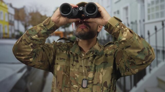 Man holds binoculars against camouflage uniform and scans row of buildings on a city street outdoors; vigilance.