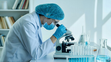 Focused researcher examining samples under microscope in sterile lab environment for scientific advancement