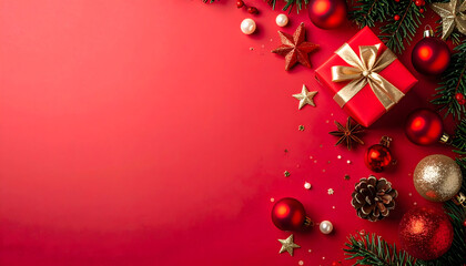 Merry Christmas. Modern christmas flat lay. red background