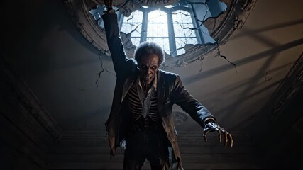 Man hanging from ceiling window. One hand grips broken beam. Candle glow casts gothic shadow. Dark room holds trapped figure. Horror and suspense fill still frame. Struggle hints at rescue or fall.