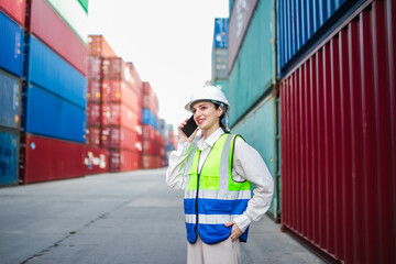 A woman engineer smiles lightly as she confirms cargo details by phone, promoting teamwork and strong communication within the supply chain.