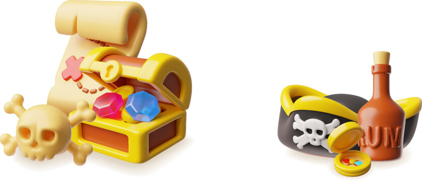 Treasure chest, map scroll and skull with bones 3D style illustration set, cartoon pirate hat, bottle of rum and compass