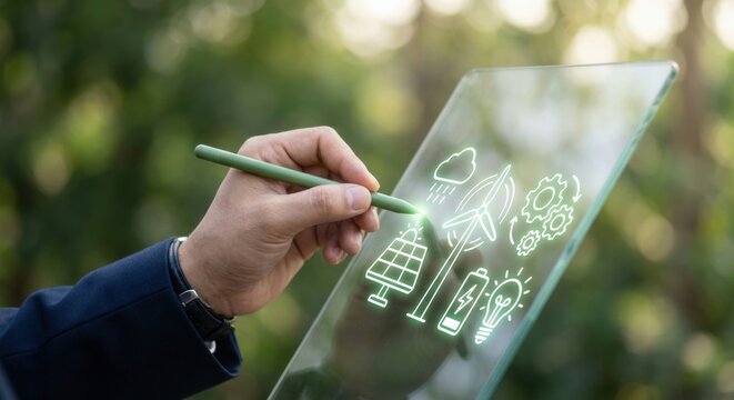 Businessman's hand drawing glowing green energy icons like solar panels and wind turbines on a futuristic transparent tablet, illustrating sustainability and clean technology concepts