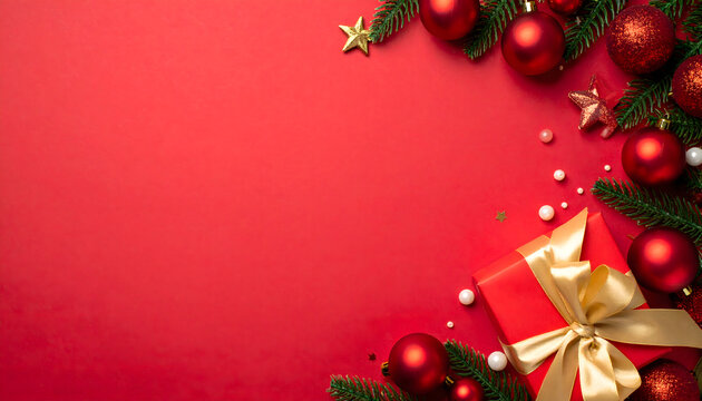 Merry Christmas. Modern christmas flat lay. red background - Powered by Adobe