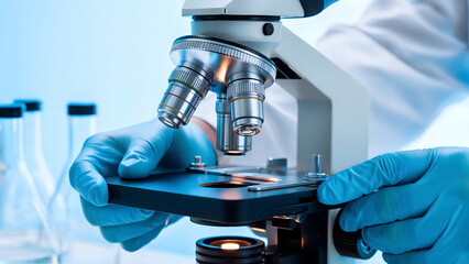 Powerful microscope analysis by researcher in lab coat science medicine and research marketing