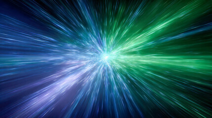 Vibrant cosmic rays bursting from a central point in space, creating a mesmerizing blend of blue, green, and purple light streaks radiating outward in dynamic motion