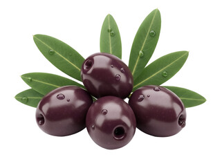 Pile of black olives with leaves isolated PNG, shiny and fresh olives on transparent background, healthy Mediterranean diet ingredient