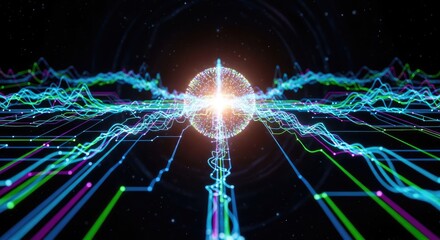 A mesmerizing visualization of data streams converging towards a central glowing sphere, symbolizing the interconnectedness of information in the digital age and its potential