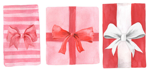 Watercolor hand painted pink and red gift box with bow isolated clipart collection, perfect for Valentine's day card or romantic love post cards