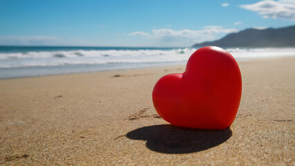 Fototapeta premium Share your love with a romantic beach getaway featuring a vibrant red heart on the sandy shore