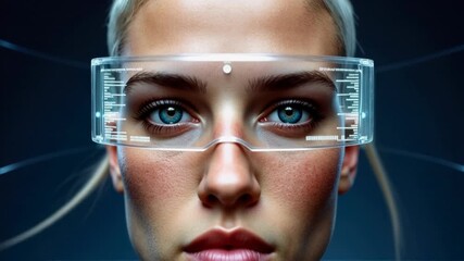 Futuristic Woman with Short Blonde Hair Wearing Transparent AR Visor Interface - Powered by Adobe