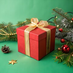 Christmas-themed red gift box with golden ribbon placed on the left side, bright green background, right side empty for text, clean and festive lighting
