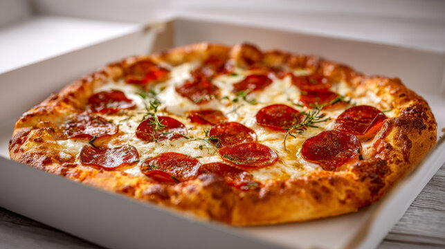 Freshly baked pepperoni pizza with melted cheese and herbs in an open delivery box on a rustic wooden table ready to enjoy