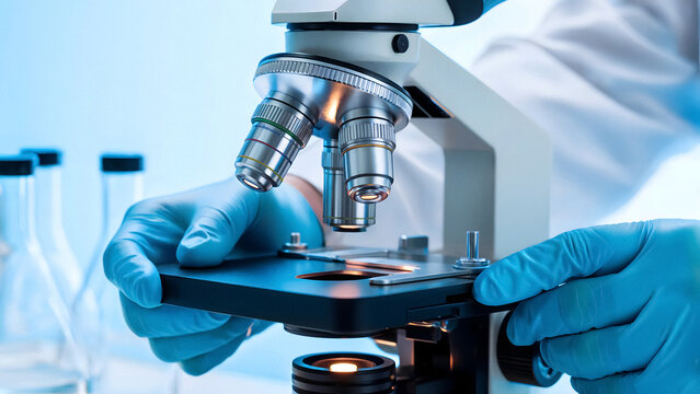 Powerful microscope analysis by researcher in lab coat science medicine and research marketing