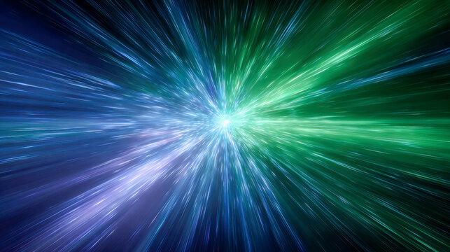 Vibrant cosmic rays bursting from a central point in space, creating a mesmerizing blend of blue, green, and purple light streaks radiating outward in dynamic motion - Powered by Adobe