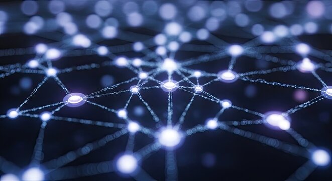 Abstract network background with glowing nodes, representing connectivity, communication, and data transfer in a modern technological landscape with a futuristic feel