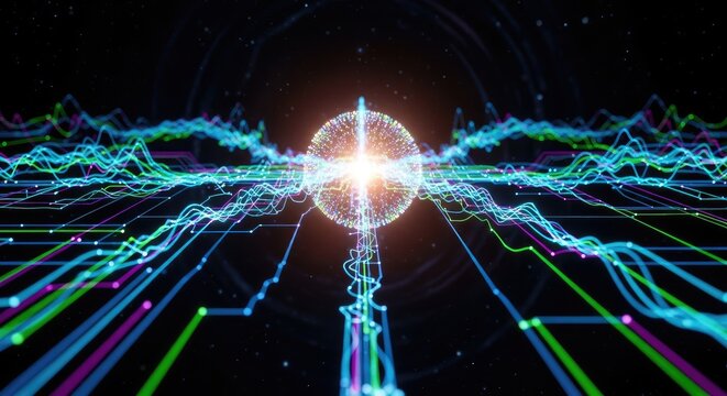 A mesmerizing visualization of data streams converging towards a central glowing sphere, symbolizing the interconnectedness of information in the digital age and its potential