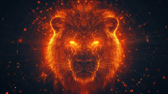Leo zodiac symbol radiating with fiery energy, an astrological lion's head glowing fiercely amidst cosmic constellations and sparkling stars, representing strength and courage in the universe