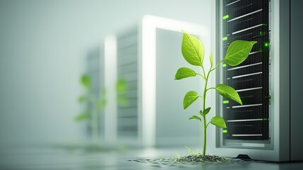 Green IT: Server farm with plant, representing eco-friendly technology and sustainable data solutions.