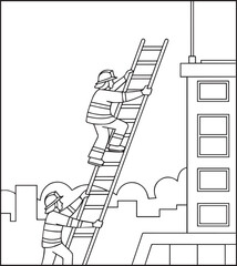 Coloring page for kids, Cute firefighter works for rescue vector line art illustration for coloring book
