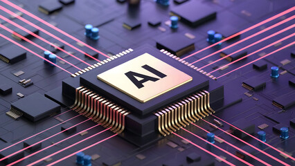 Dynamic AI processor chip with glowing data streams for cutting edge technology concepts