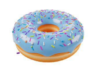 Delicious donut with blue frosting and colorful sprinkles isolated PNG, sweet treat for dessert and bakery concepts on transparent background