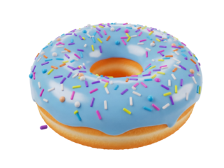 Delicious donut with blue frosting and colorful sprinkles isolated PNG, sweet treat for dessert and bakery concepts on transparent background