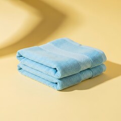 Soft blue fluffy towels stacked on a light yellow background