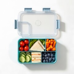 Healthy bento box lunch with fruits vegetables and sandwich