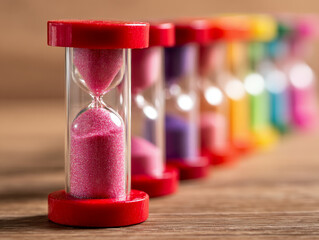 Vibrant colorful sand timers arranged in a diagonal line focusing on a red frame with pink sand symbolizing the passage of time and urgency on a wooden surface