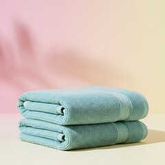 Soft stacked teal towels with blurred pink background
