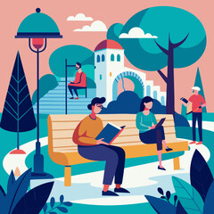 Vector illustration of a park bench with people reading, minimal architectural style.