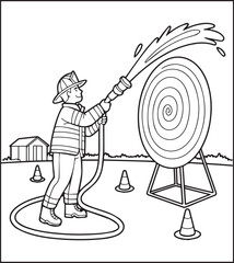 Coloring page for kids, Cute firefighter works for rescue vector line art illustration for coloring book