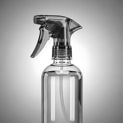 Clear glass spray bottle with trigger sprayer on a gradient background