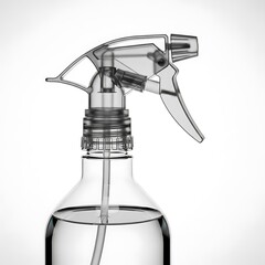 Clear plastic spray bottle filled with water against white background