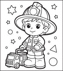 Coloring page for kids, Cute firefighter works for rescue vector line art illustration for coloring book