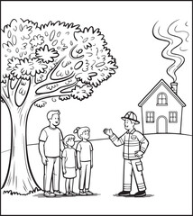 Coloring page for kids, Cute firefighter works for rescue vector line art illustration for coloring book