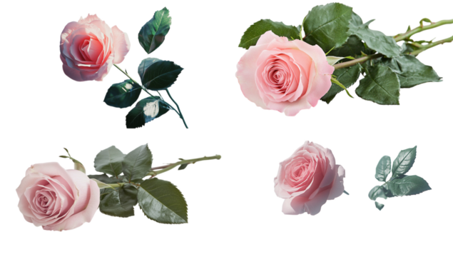Four delicate pink roses with green leaves arranged on a isolated on a transparent background flower
