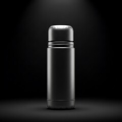 Sleek modern stainless steel thermos bottle on dark background