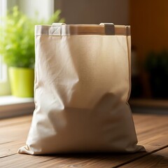 Full paper bag with contents on a wooden surface with blurred background