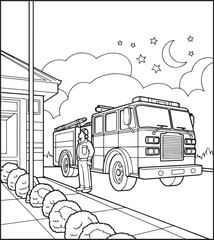 Coloring page for kids, Cute firefighter works for rescue vector line art illustration for coloring book