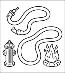 Coloring page for kids, Cute firefighter rescue instruments vector line art illustration for coloring book