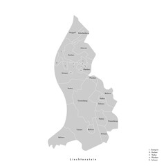 Vector isolated illustration. Simplified administrative map of Liechtenstein. Grey background of shapes of municipalities.